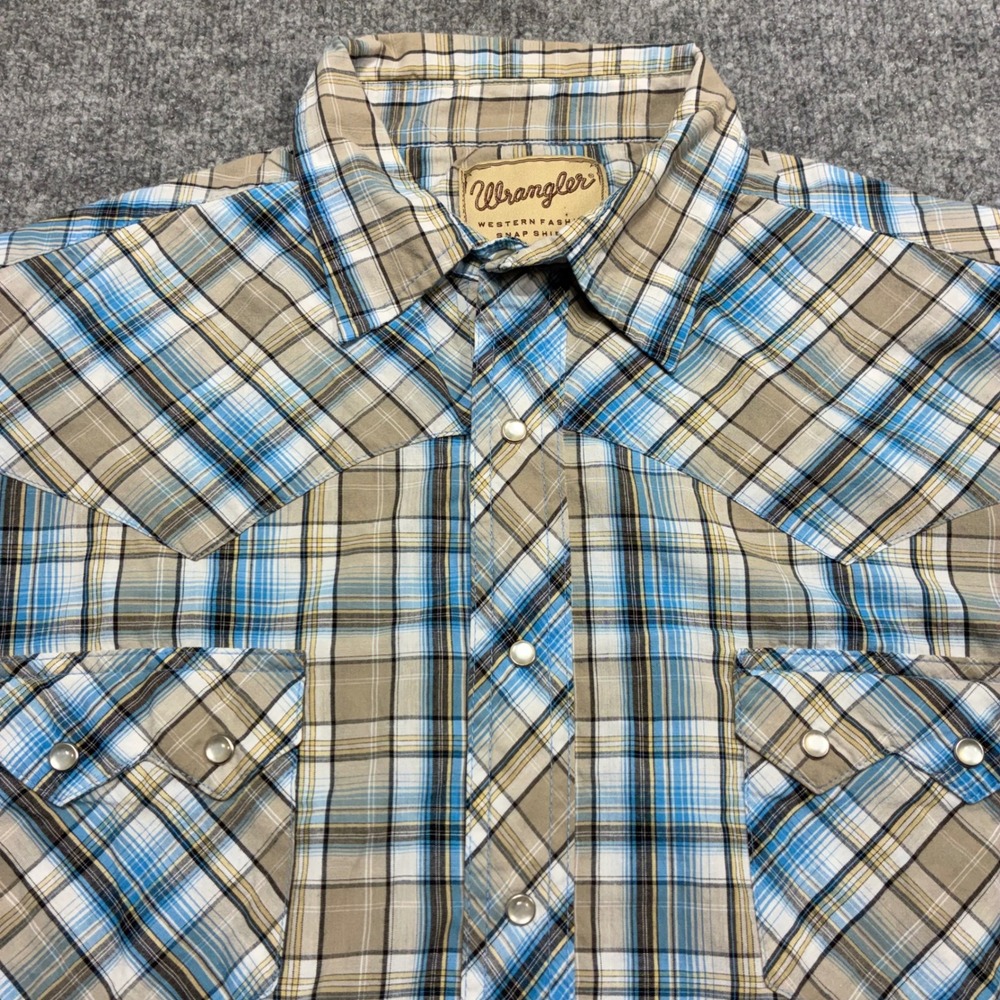 Wrangler Western Snap Shirt Mens XL Blue Tan Plaid Short Sleeve Preppy